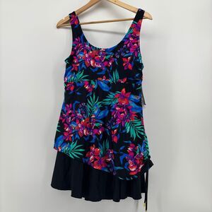 Shore Shapes Swimdress Women 16 Black Floral New Asymmetrical Side Cinch sides